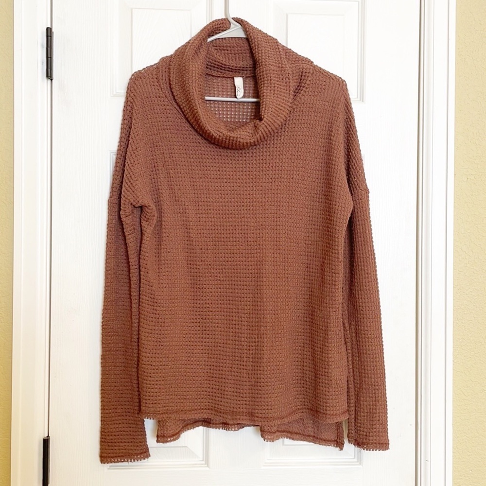 Elan waffle knit cowl neck sweater chestnut brown
